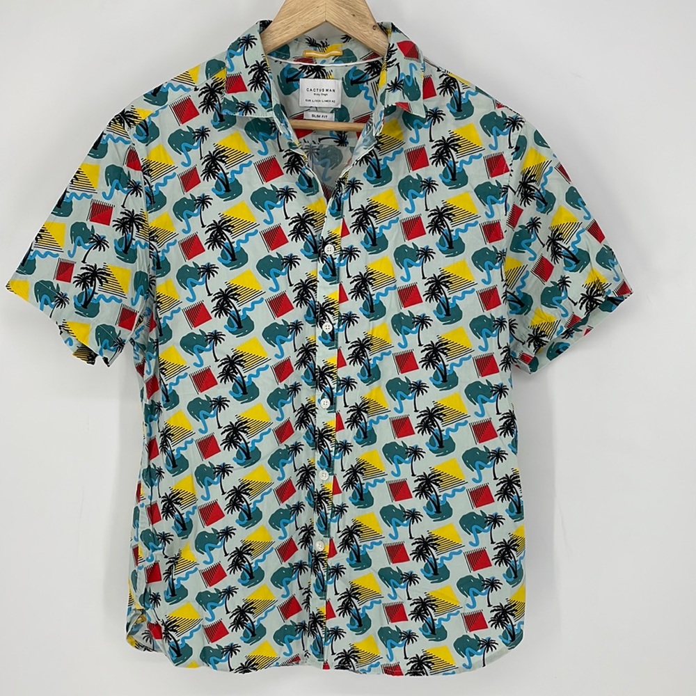 CACTUS MAN slim fit tropical palm tree short sleeve button up shirt size L men's